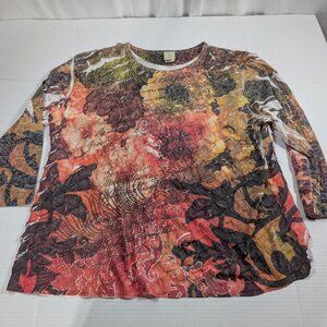Jess & Jane Top Womens 2X Watercolor Floral Artsy 3/4 sleeve tiered
